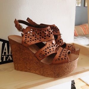 Brown Leather Cork Wedges
