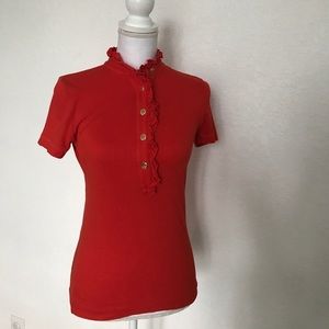 Tory Burch Lidia orange ruffled button polo top