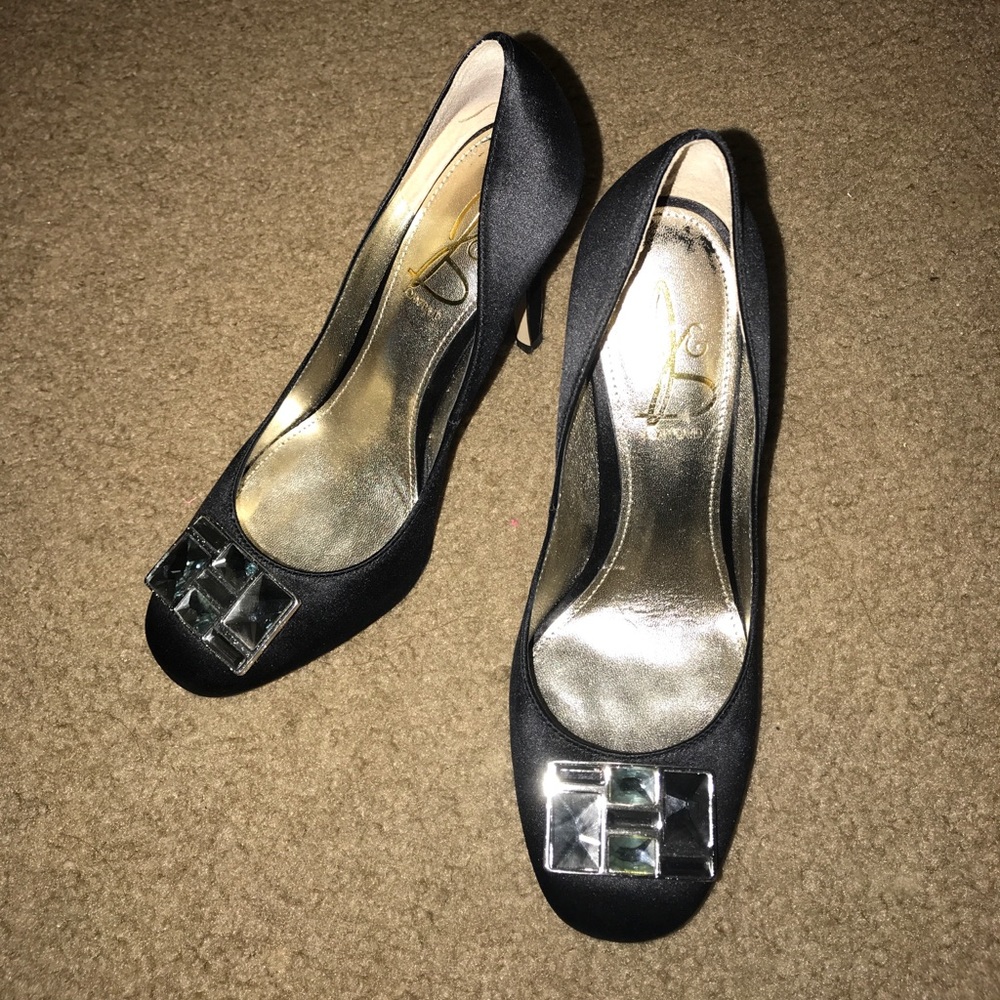 Joan & David black satin heels dress pumps shoes