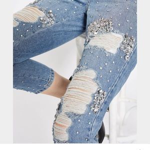 Moto ripped embellished jeans