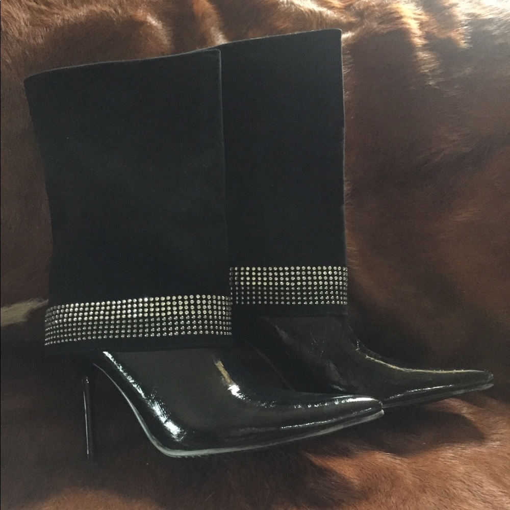 Faux leather rhinestone heel boots