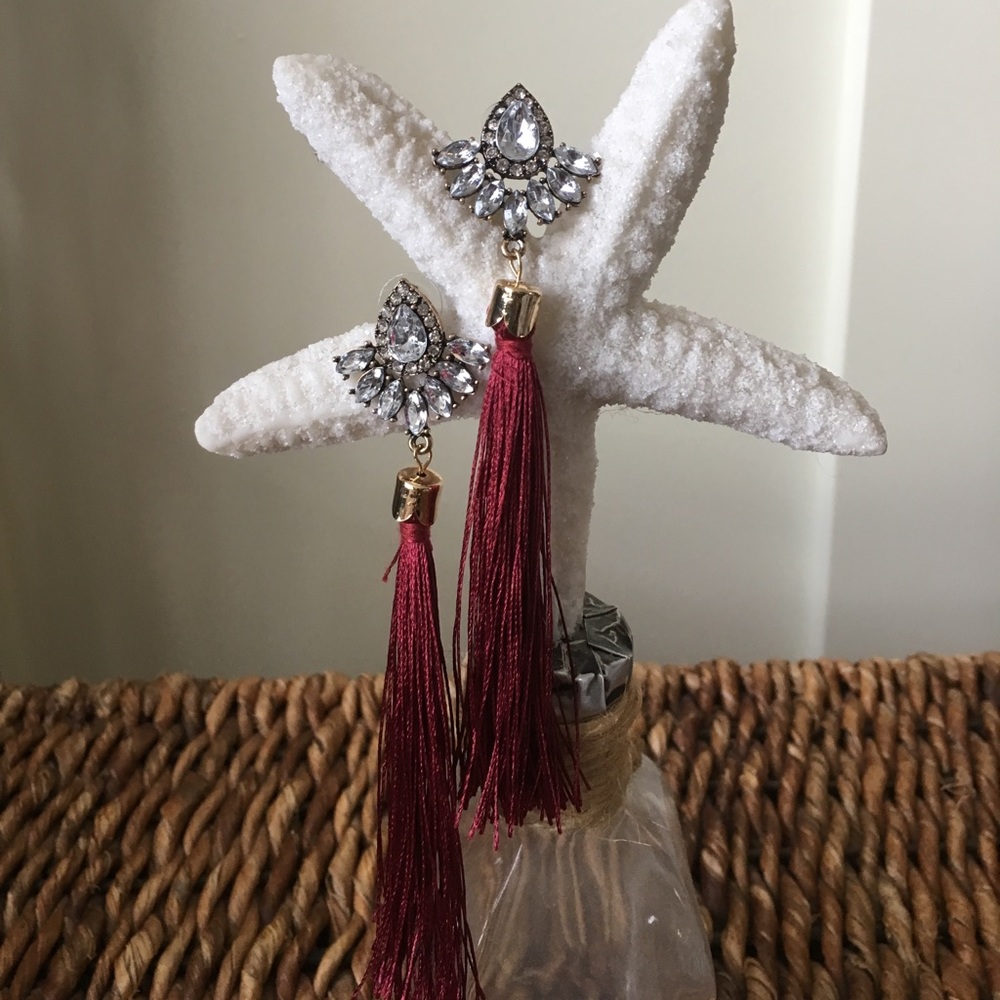 Stunning rhinestone earrings with burgundy tassels