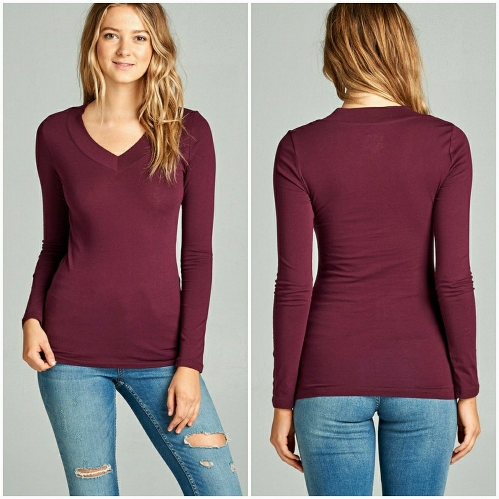 Basic Long Sleeve Vneck Jersey Top