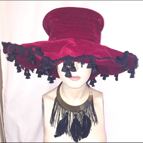 Vintage gypsy Red velvet Tassels Festival hat main image 7
