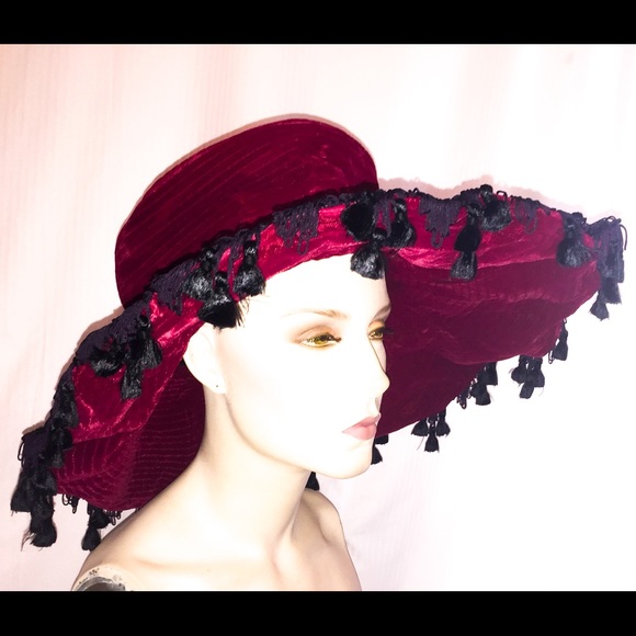 Vintage gypsy Red velvet Tassels Festival hat main image 8