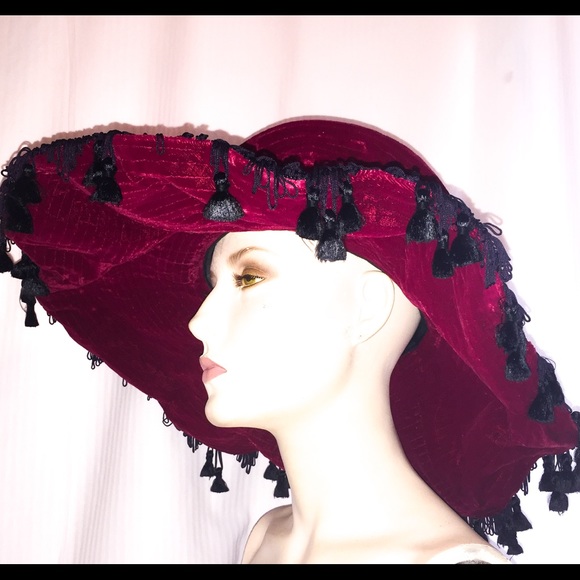 Vintage gypsy Red velvet Tassels Festival hat main image 4