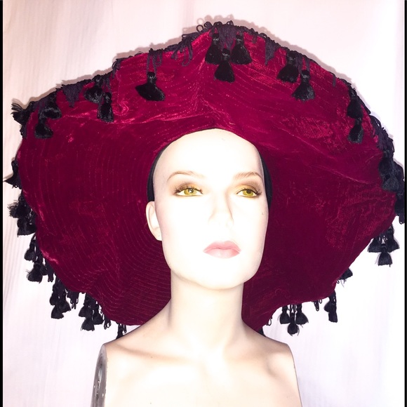 Vintage gypsy Red velvet Tassels Festival hat main image 5