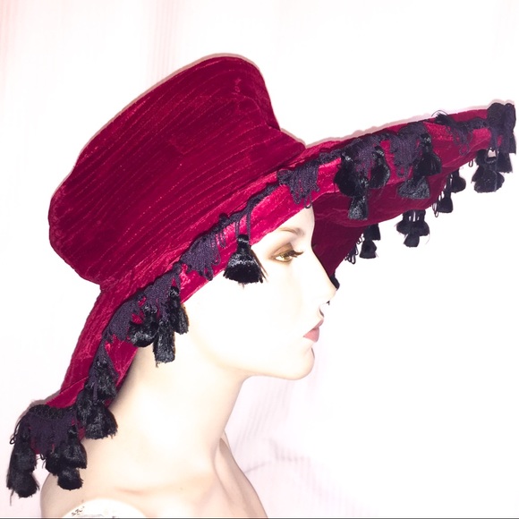 Vintage gypsy Red velvet Tassels Festival hat main image 6