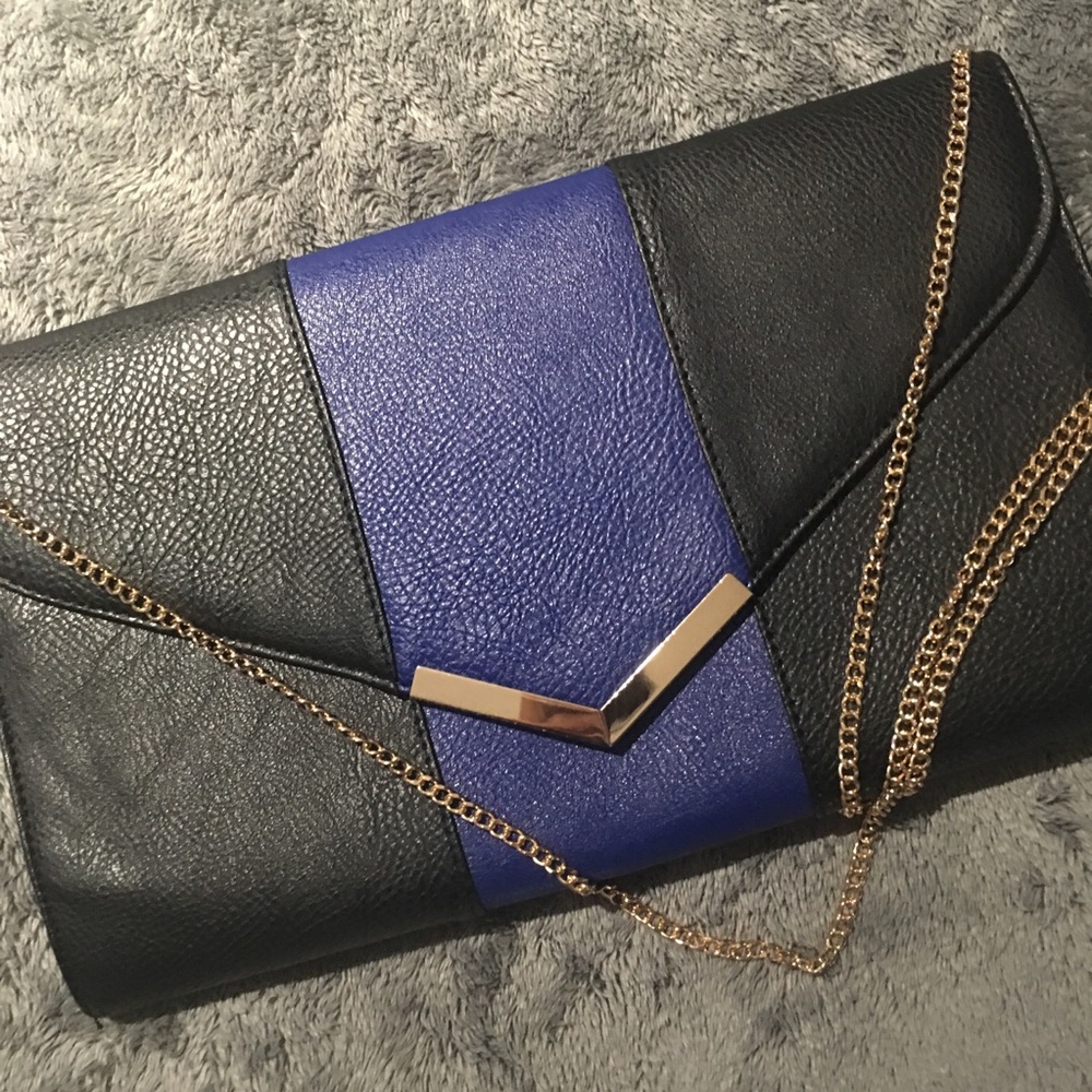 Black and Blue Clutch with Gold Chain
