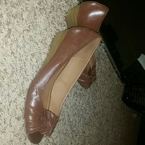 Brown low wedge peep toe shoes