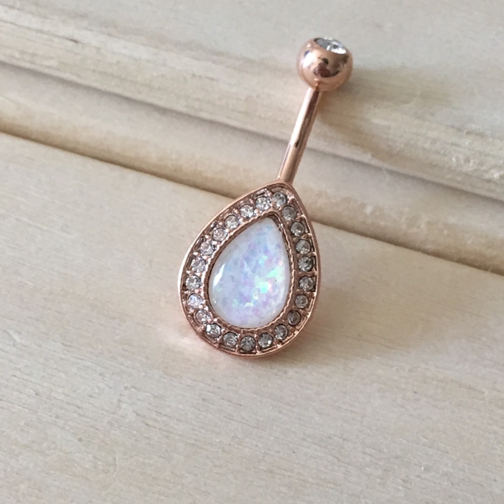 Rose Gold Opal Teardrop Belly Button Ring - Picture 2 of 2