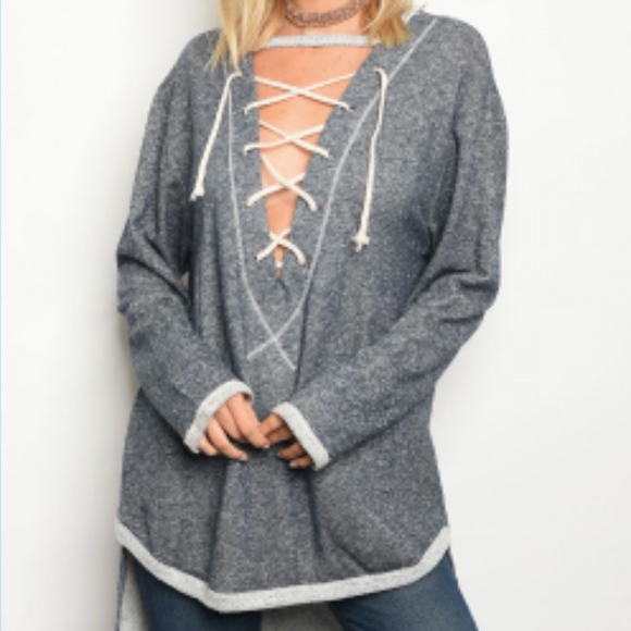 Sweaters - LAST ONE: Terry Denim Lace-Up Hi-Low Sweater