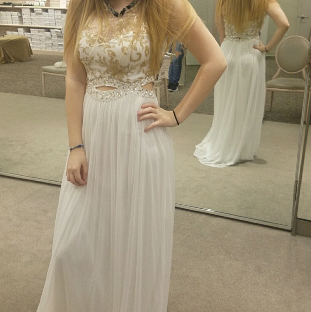 White & Gold Lace Prom Dress