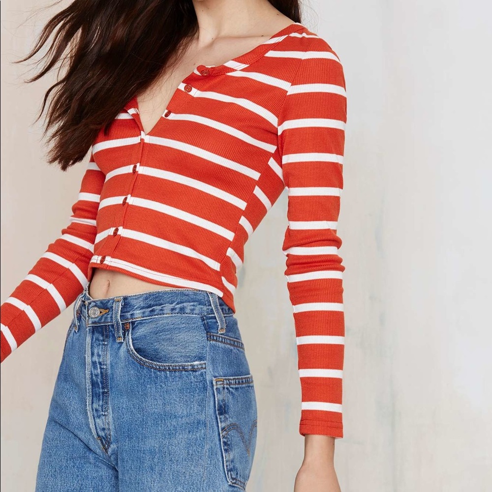 Nasty Gal Glamorous Striped Button Up Ribbed Top - Picture 1 of 4