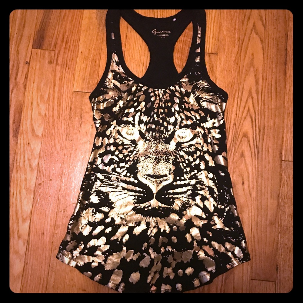 Black Guess Tank Top with Gold Tiger, size small