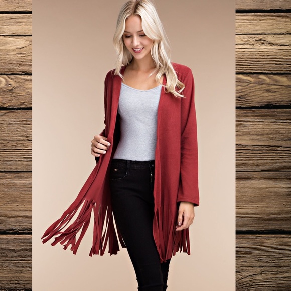 SALE ❤️FRINGED RED FLEECE CARDIGAN ❤️ - Picture 2 of 7