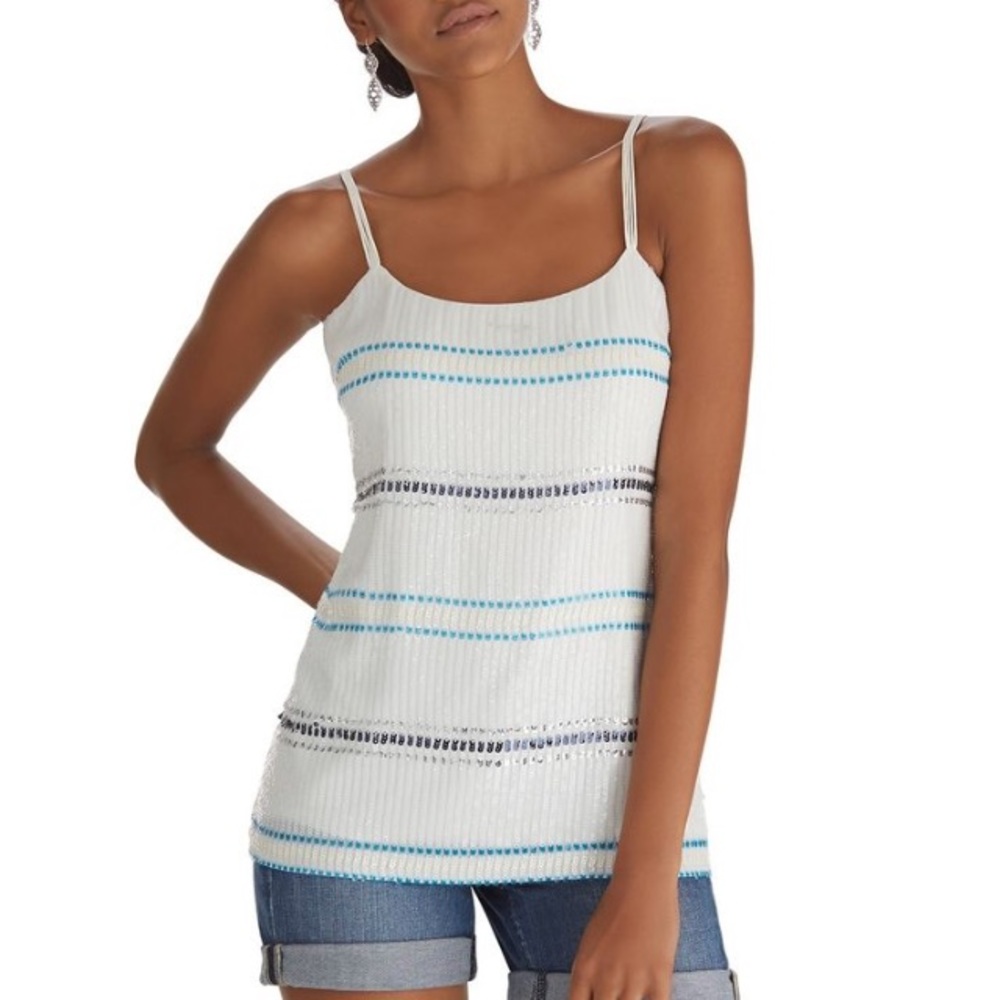 WHBM White Sequin Tank w/ Blue & Silver Stripes