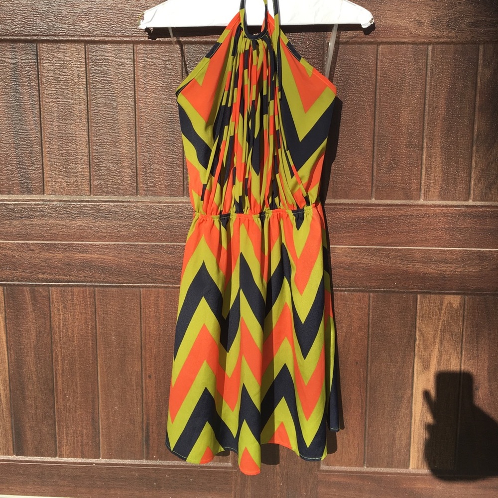 Tyche Chevron green/peach/navy Halter Dress