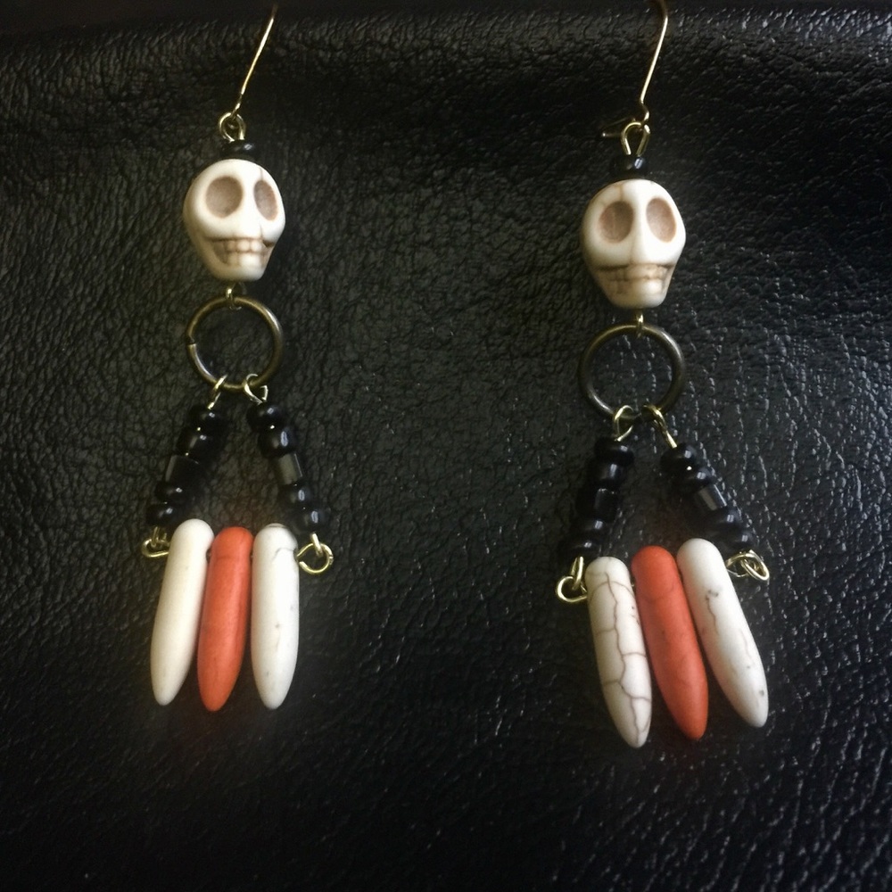Halloween Skull Earrings, Orange, Black, and White