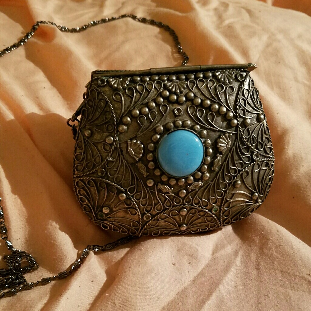 Vintage Metal Crafted Clutch​ w/ Turquoise Setting