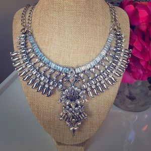 Large silver tone and crystal statement necklace
