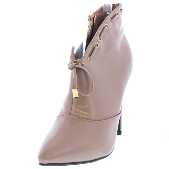 Beige Patent Pointed Toe Booties - Picture 2 of 5
