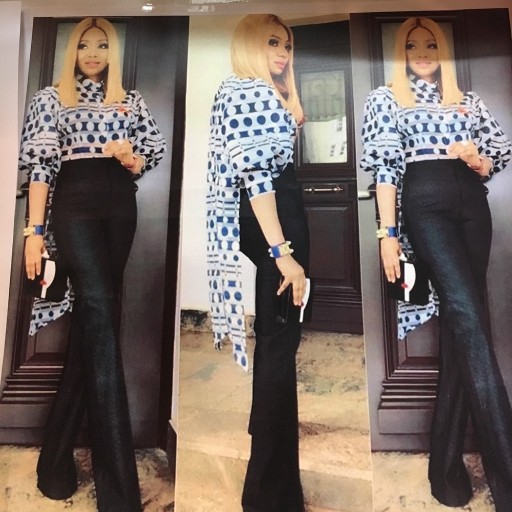 Navy blue and white Puff Sleeve cape top