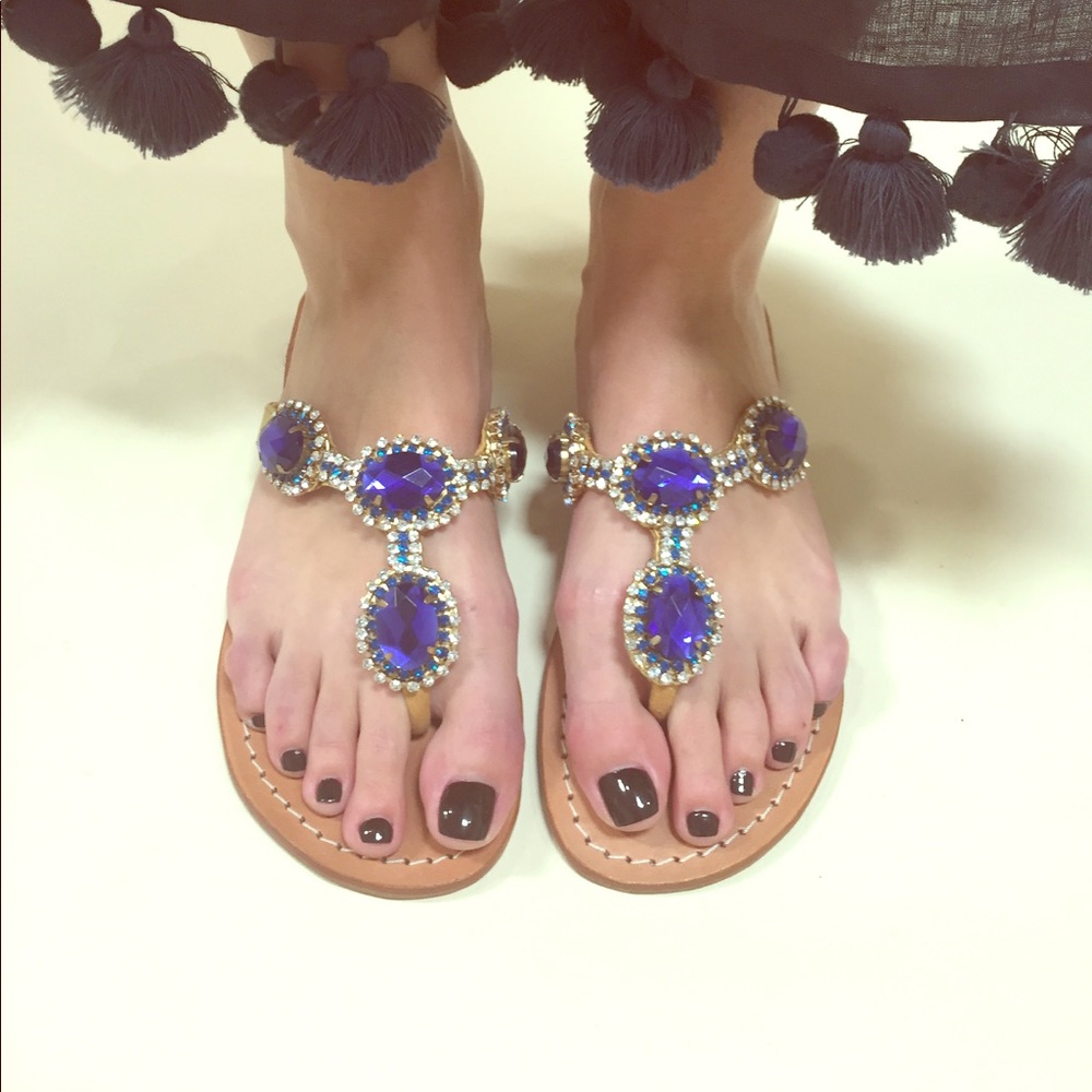 Navy jeweled thong sandals