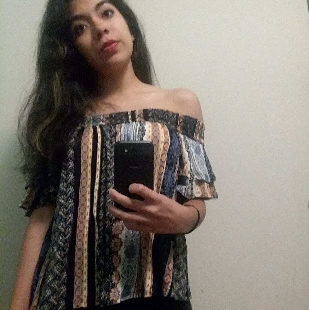 Off the shoulder, multi patterned top
