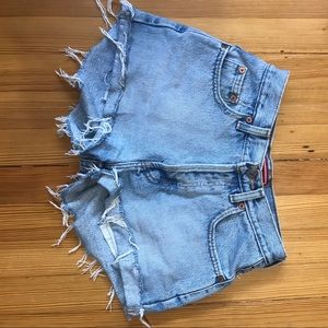 Distressed denim shorts