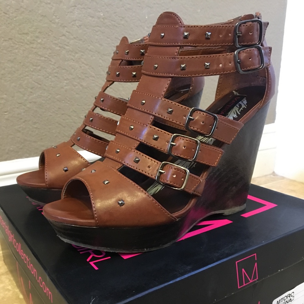 Brown Studded Boho Leather Wedges