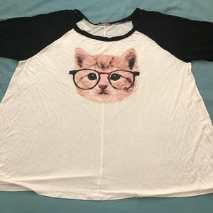 White and black baseball tee w/ cat graphic