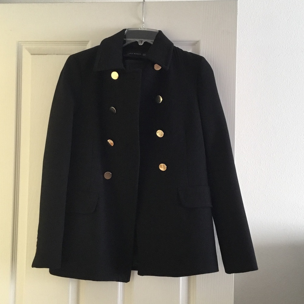 Zara black double breasted coat with gold buttons