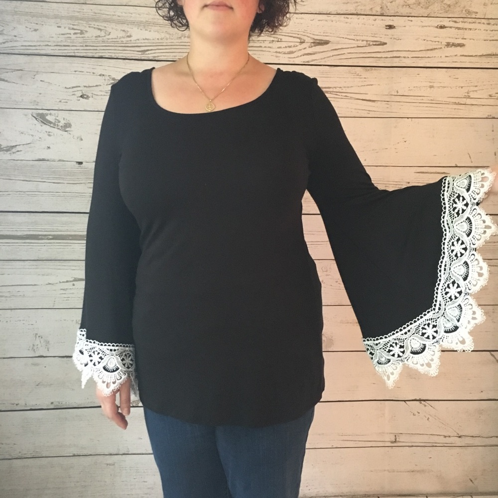 Black Blouse with White Lace Lined Bell Sleeves