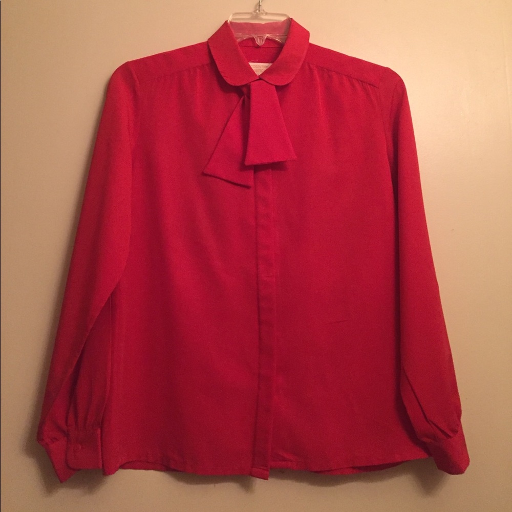 Vintage Red Polyester Bow Blouse