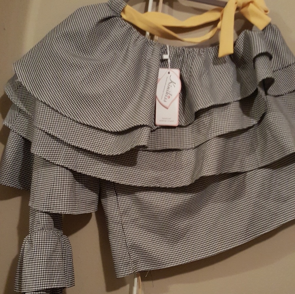 One Sleeve Ruffle Top w/Yellow tie Accent