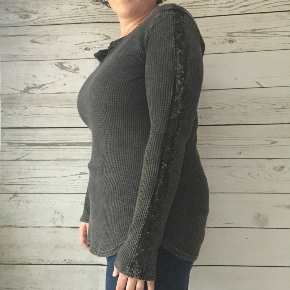 Charcoal Grey Gray Long Sleeve Top w Black Lace