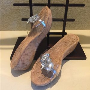 Rhinestone embellished, cork wedge.