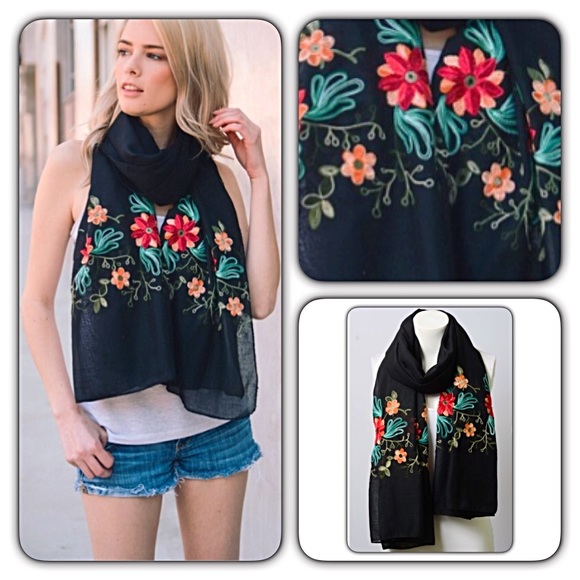 Boho Floral Embroidered Lightweight Scarf - Picture 2 of 4
