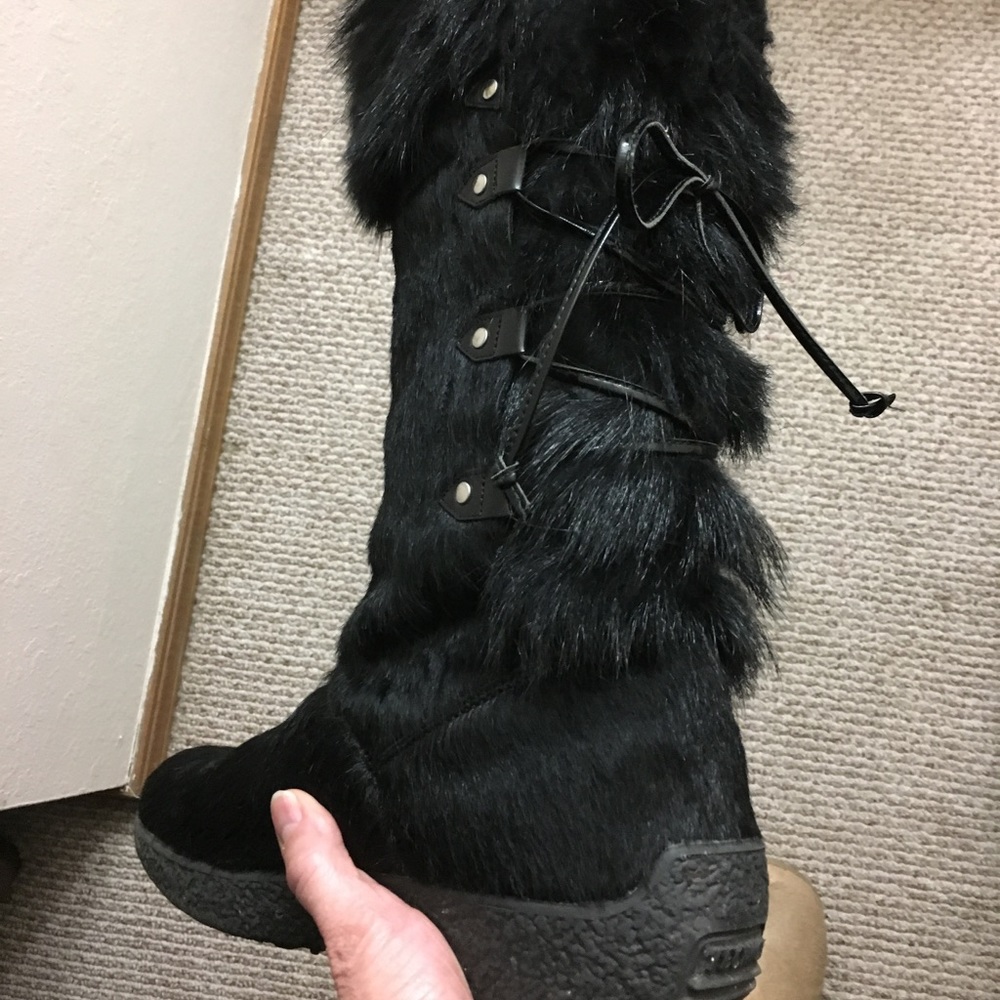 Coal Black Fur Boots w corset lacing up the back
