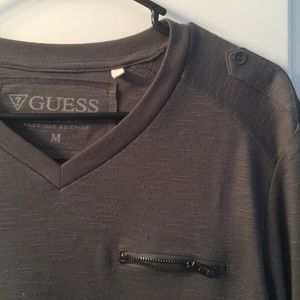 Guess Long Sleeve V Neck T w/ Zip Pocket