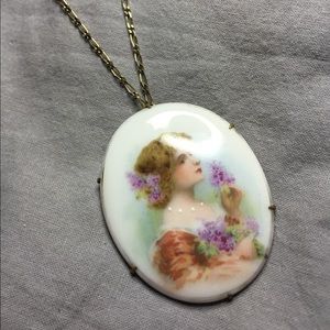 Antique Porcelain Portrait Pendant Necklace