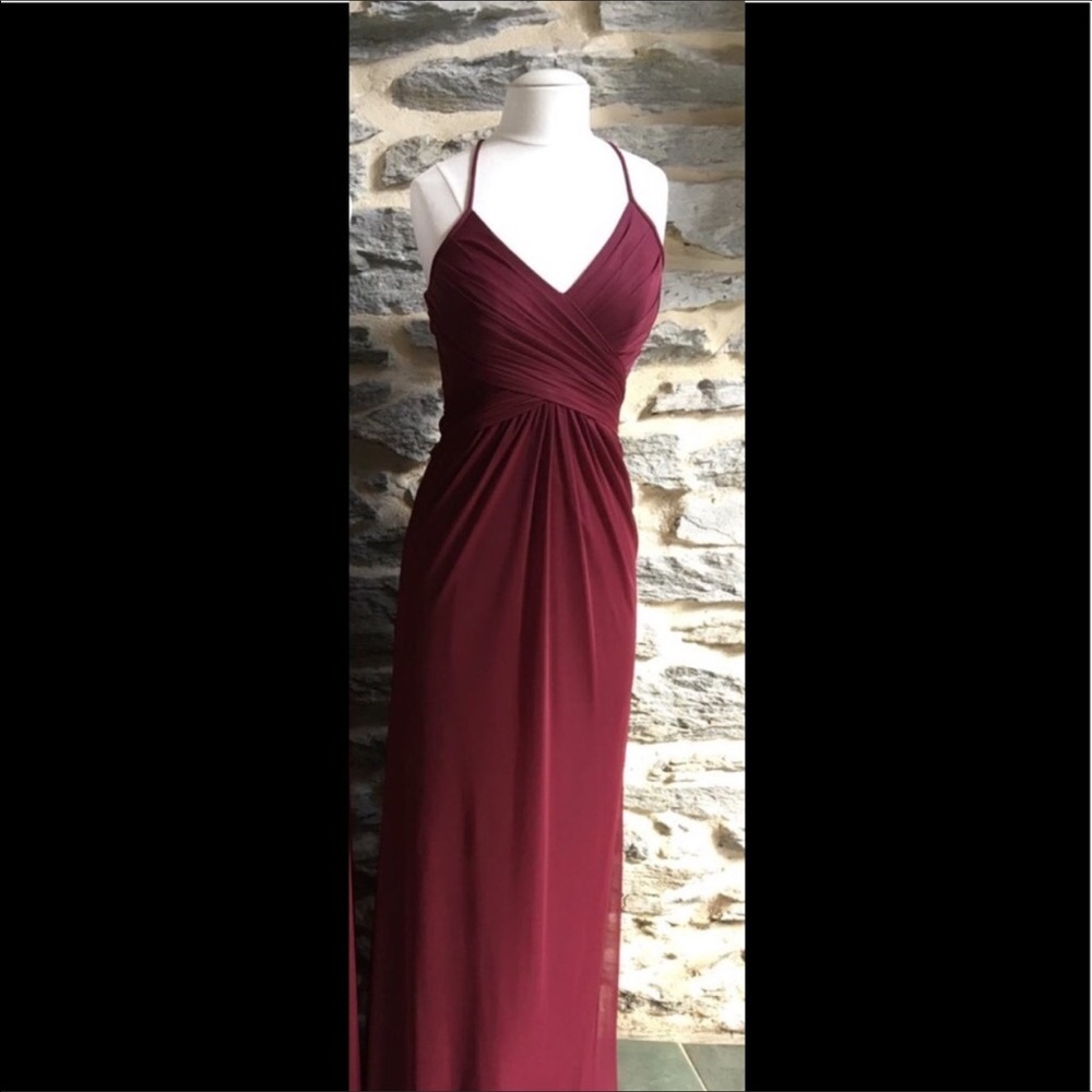 Davids Bridal bridesmaid dress in the color Wine.
