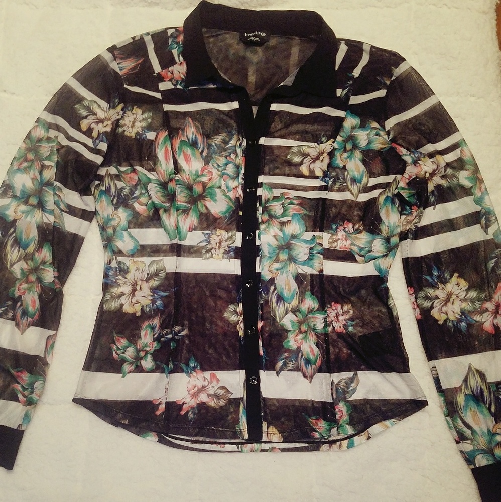 Striped mesh bright floral buttoned bebe top