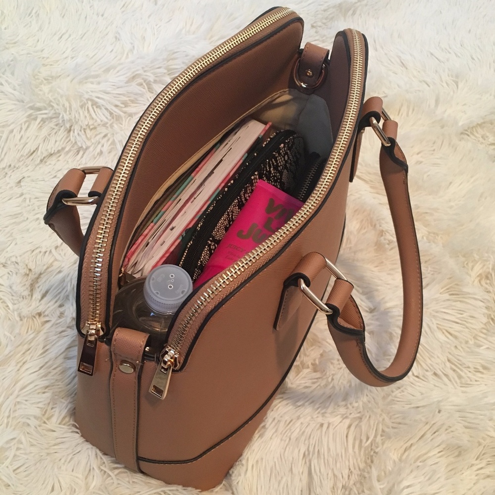 Top Handle Double Zipper Satchel Handbag (Tan)