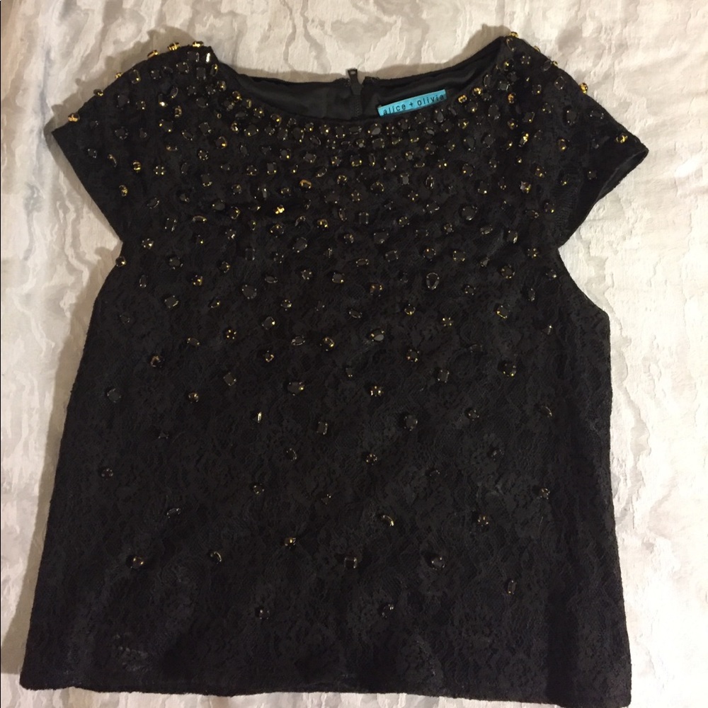 Alice and Olivia black lace embellished top.