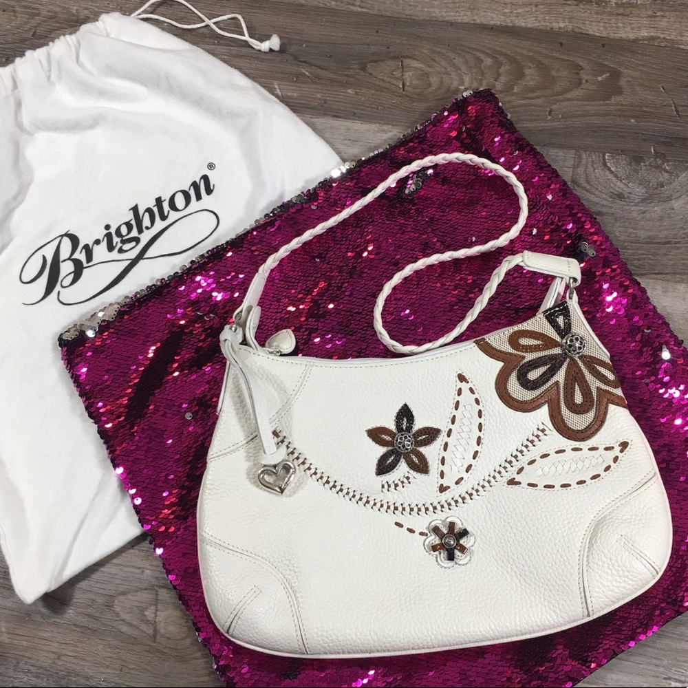 Beautiful Brighton Handbag, White w/Brown flowers
