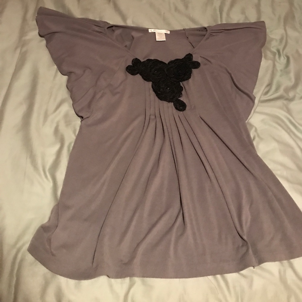 Gray and black blouse w/ rose embroidered piece