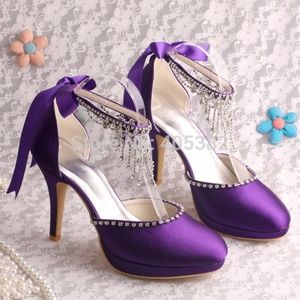Purple heels with crystal chain and ribbon NWT