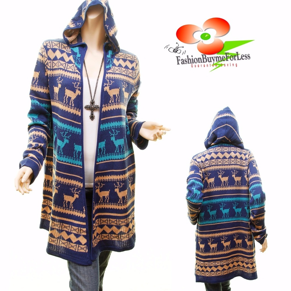 Christmas Reindeer Open Knit Long Hooded Cardigan